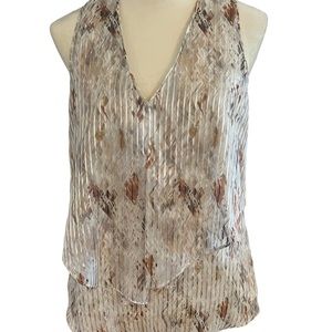 WHBM Sleeveless V Neck Blouse Metallic Stripes Tiered Ruffle Front Lined Ivory S